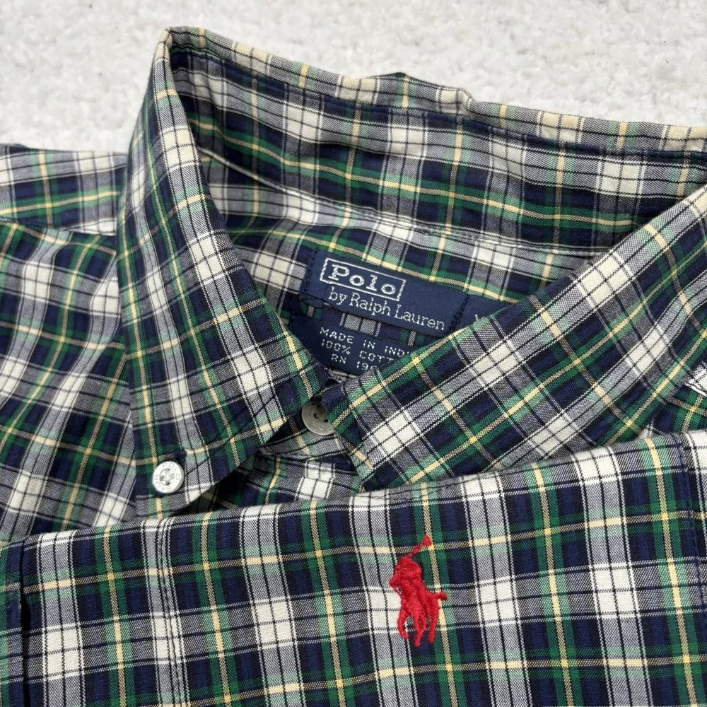 Polo Ralph Lauren Button Down‎ Shirt Mens XL (FITS M) Navy Blue Green Plaid Pony
